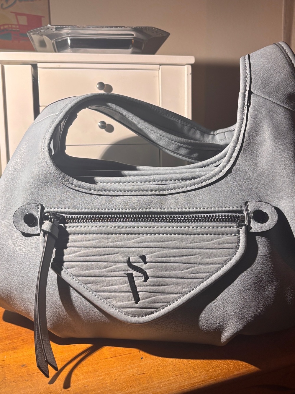 Gray Vegan Leather Shoulder Bag by Simply Vera. SV Logo. Vera Wang